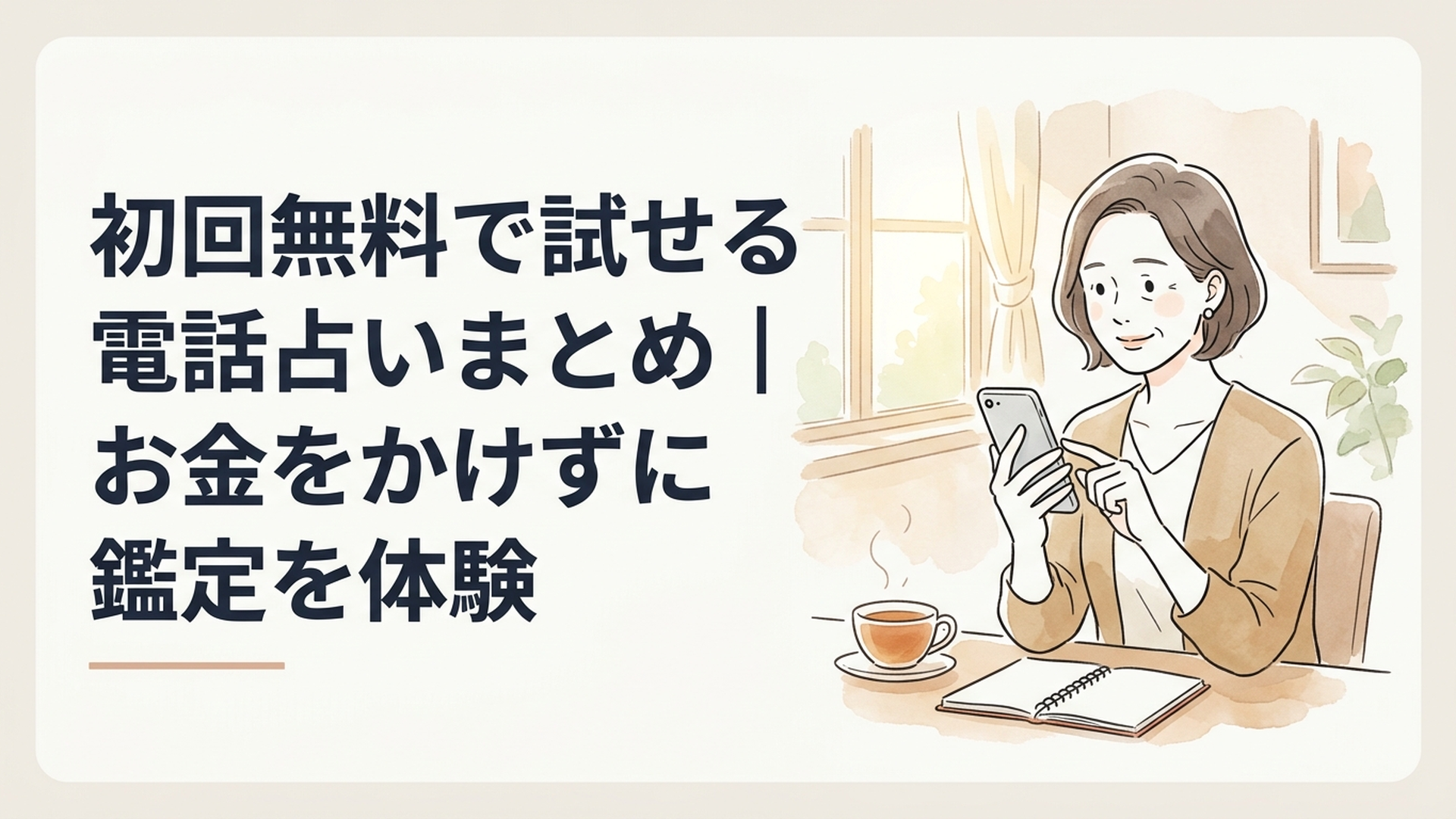 スマホを手に、電話占いの初回無料特典を確認しながら少し安心した表情を浮かべる40代後半の女性